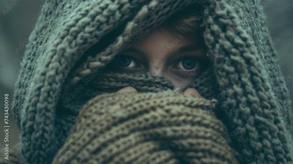 Girl peeking through a knitted cover. Girl peeking through a knitted cover.