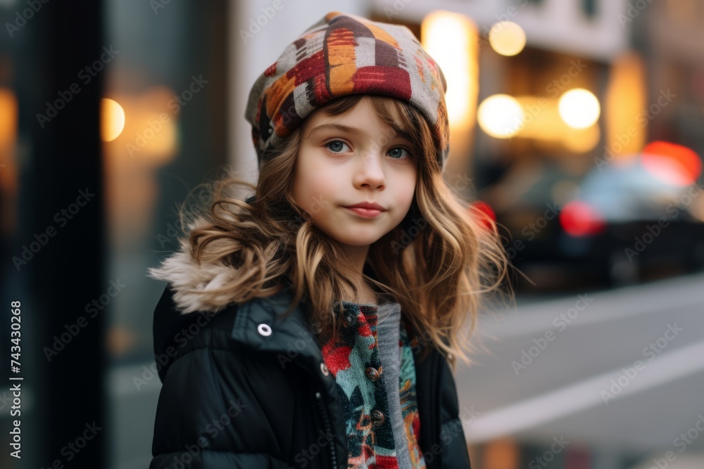 Portrait of a cute little girl in a warm hat on the street Portrait of a cute little girl in a warm hat on the street