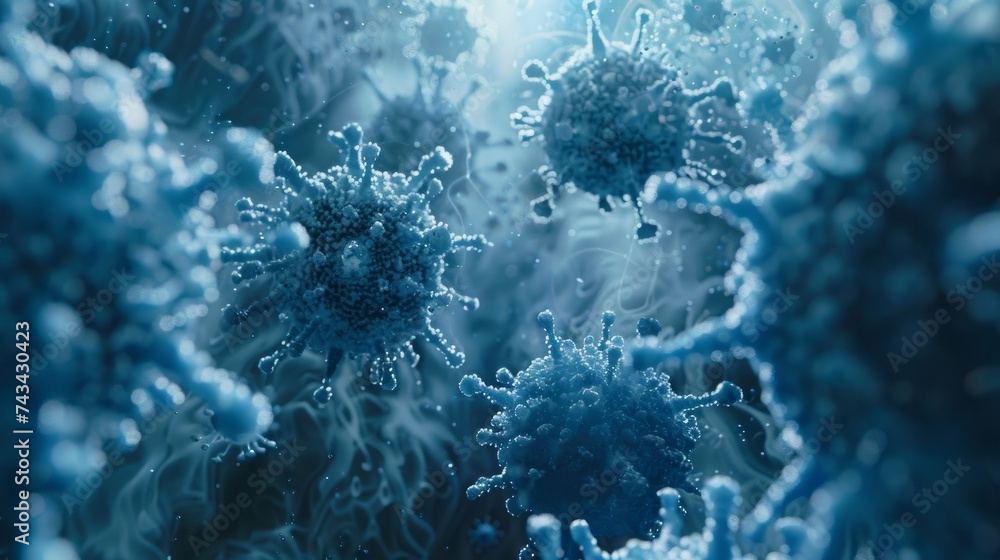 close up of 3d microscopic blue bacteria - obrazy, fototapety, plakaty 