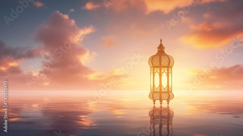 An enchanting Islamic Ramadan celebration lantern floating in a tranquil sea of clouds, with the sun setting in the background