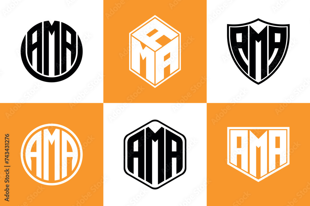 AMA initial letter geometric shape icon logo design vector. monogram, letter mark, circle, polygon, shield, symbol, emblem, elegant, abstract, wordmark, sign, art, typography, icon, geometric, shape