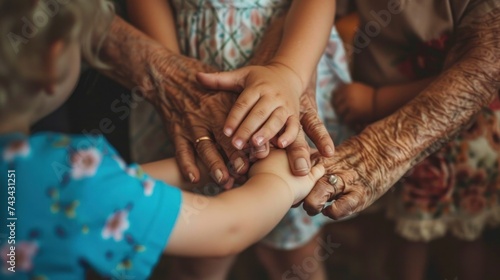 grandmother and grandchildren friends hands together selective focus 