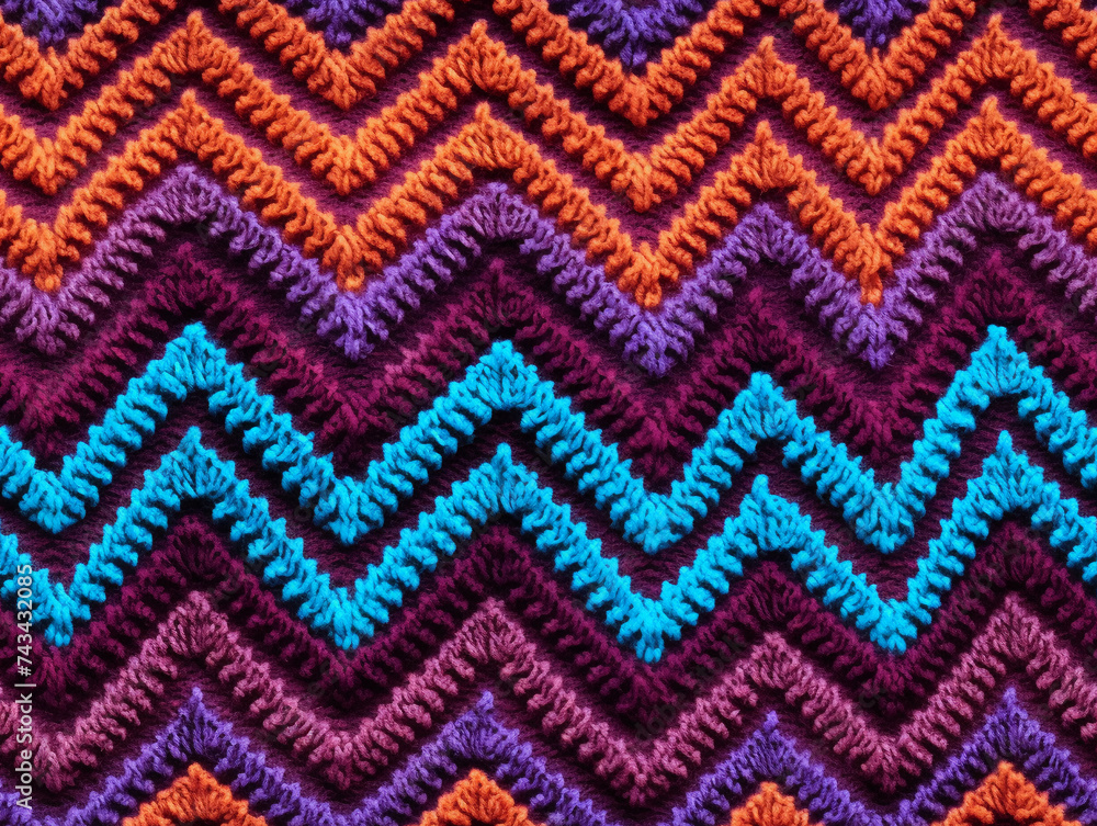 Colorful Zigzag Knitted Pattern with Textured Woolen Threads in Warm Tones Colorful Zigzag Knitted Pattern with Textured Woolen Threads in Warm Tones