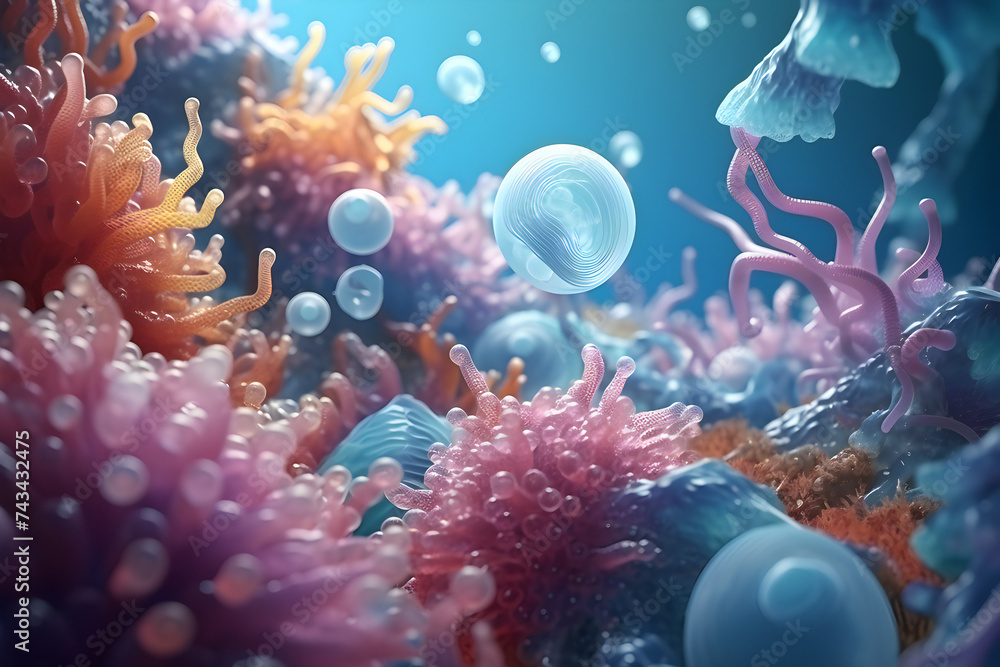 Close-up of the seaweed: with algae and corals,  generated by AI. 3D illustration