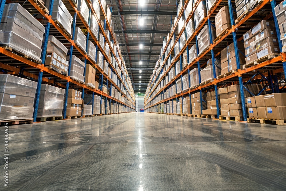 Fototapeta premium Commercial warehouse. Huge distribution warehouse with high shelves.