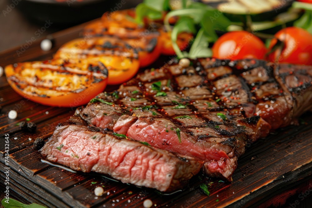 Grilled steak seasoned with spices and fresh herbs on slate. Gourmet food and cuisine.