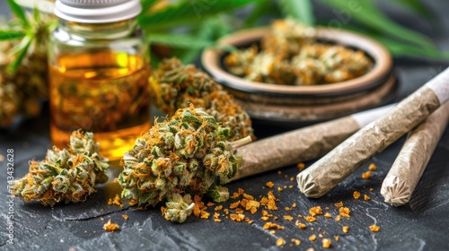 Marijuana buds with marijuana joints and cannabis oil. photo