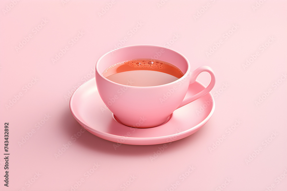 Close-up of a pink mug on a saucer with tea, generated by AI. 3D illustration Close-up of a pink mug on a saucer with tea, generated by AI. 3D illustration