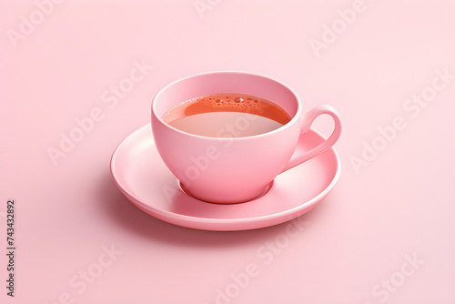 Close-up of a pink mug on a saucer with tea, generated by AI. 3D illustration