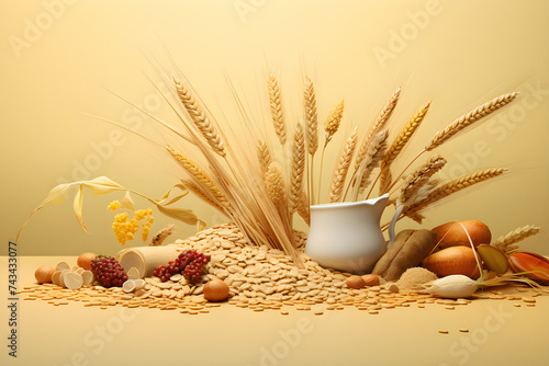 Composition of food: wheat and various cereals on the table, generated by AI. 3D illustration