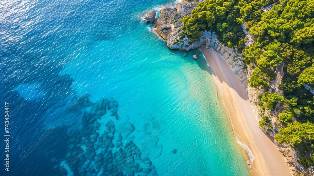 Top view aerial image from drone of an stunning beautiful sea landscape beach with turquoise water with copy space for your text. Beautiful Sand beach with turquoise water, aerial UAV drone shot 
