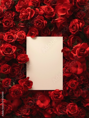 Frame for valentine s day  center is white  blank copy space  surrounded by red roses.