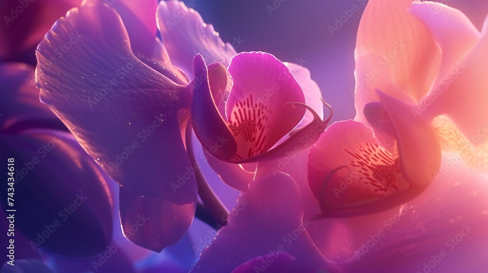 Blossoming Orchids: Macro shot reveals orchids unfurling their petals in a gentle breeze, calming hues. - obrazy, fototapety, plakaty 