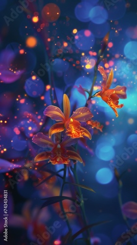 Celestial Orchids: Orchids in extreme close-up, seen against the backdrop of a starry night sky, their forms echoing the constellations.