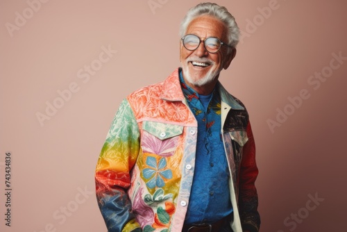 Portrait of a happy senior man in colorful jacket and glasses.