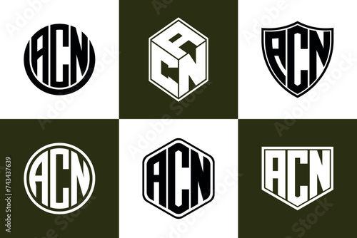 ACN initial letter geometric shape icon logo design vector. monogram, letter mark, circle, polygon, shield, symbol, emblem, elegant, abstract, wordmark, sign, art, typography, icon, geometric, shape