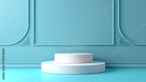 A modern  minimalist product display stand with a vibrant blue textured backdrop and clean white podiums  ideal for showcasing items.