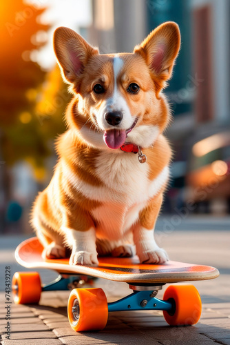Happy welsh corgi breed dog riding on the orange skateboard in the city street.