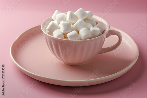 Close up of a cup with marshmallows on a pink background. White day concept with copy space.