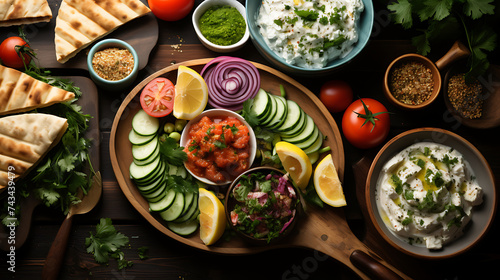Selection of traditional greek food - salad, meze, pie, fish, tzatziki, dolma on wood background, top view