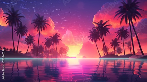 An enchanting pop landscape design with neon-lit palm trees swaying in a gentle breeze