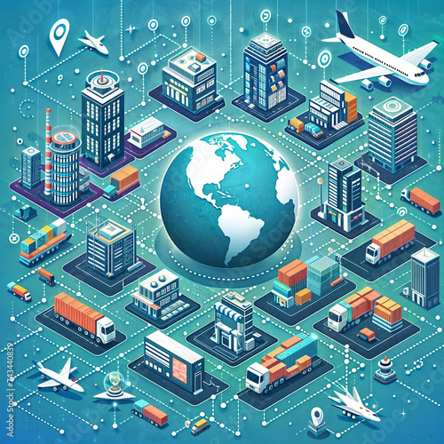 This image is an illustration of a city with a globe in the middle surrounded by trucks, planes, and buildings connected by lines.
