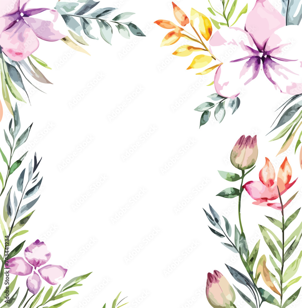 Colorful watercolor frame of flowers decoration for wedding, anniversary, invitation card design illustration.