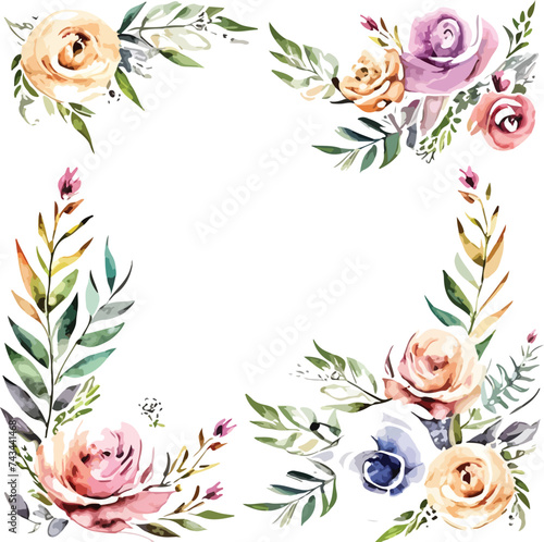 Colorful watercolor frame bouquet of flowers decoration for wedding, anniversary, invitation card design illustration