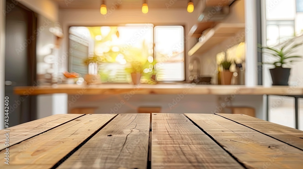 Empty beautiful wood table top counter and blur bokeh modern kitchen interior background in clean and bright,Banner, Ready for product montage - generative ai