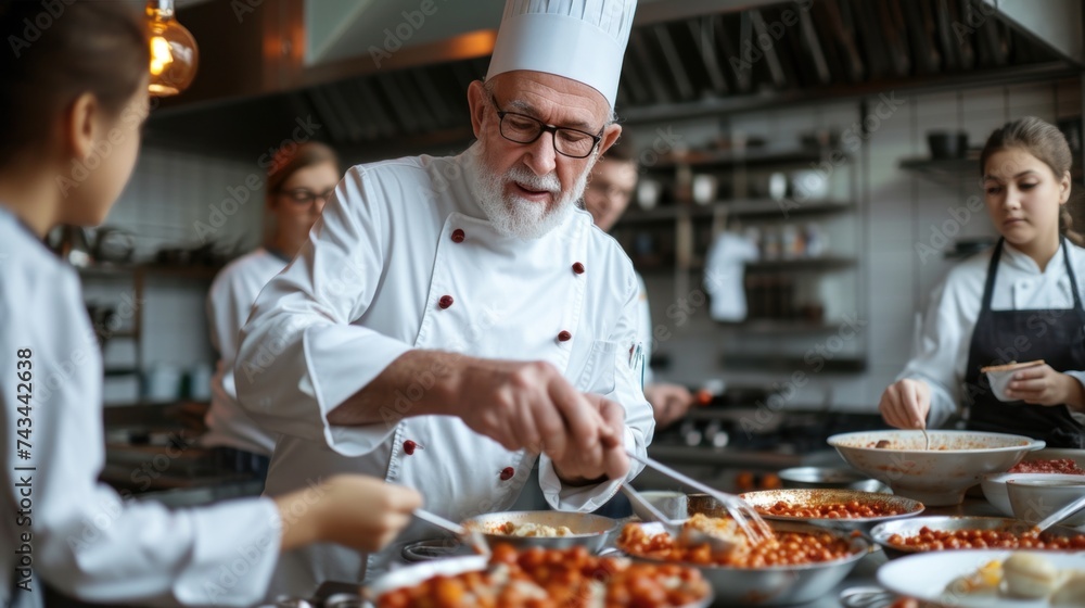 Master's skill: the chef instructs students in the art of cooking restaurant cuisine