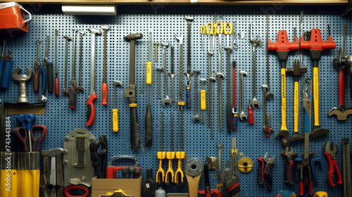 A pegboard wall covered with a variety of tools from hammers and screwdrivers to pliers and wrenches creating a visually appealing and efficient storage solution. photo