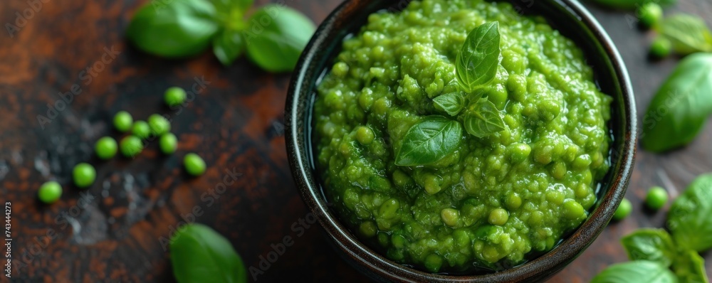 Green Taste: Wasabi sauce with peas in a beautiful bowl on a natural wood table Green Taste: Wasabi sauce with peas in a beautiful bowl on a natural wood table
