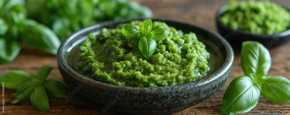 Green Taste: Wasabi sauce with peas in a beautiful bowl on a natural wood table Green Taste: Wasabi sauce with peas in a beautiful bowl on a natural wood table