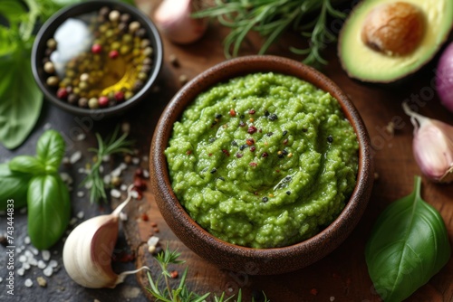 Avocado with a delicate taste: green wassabi with fresh avocado in a wooden bowl