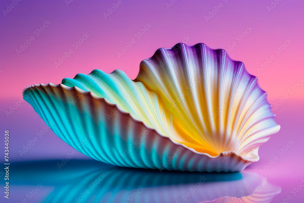 Colorful seashell in neon light on soft pastel colors backdrop. Colorful seashell in neon light on soft pastel colors backdrop.