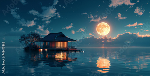Chinese house in the sea at night with full moon.Chinese pavilion in the middle of the lake at night with full moon, chinese temple in the morning