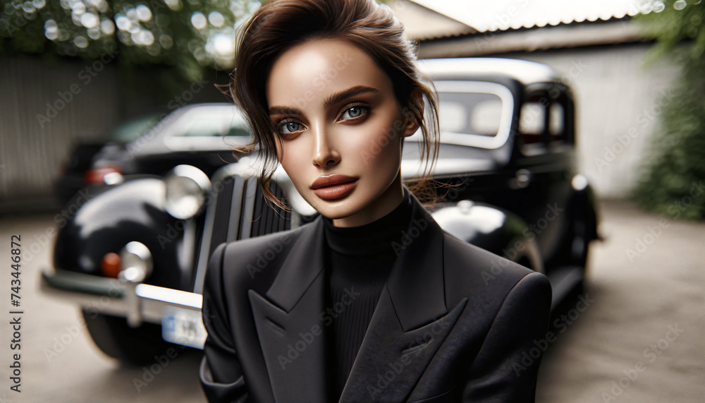 Attractive woman wearing a black suit and a black vintage car background
Attractive woman wearing a black suit and a black vintage car background