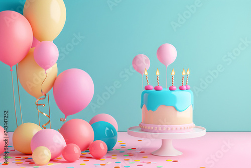 birthday party balloons  colourful balloons background and birthday cake with candles