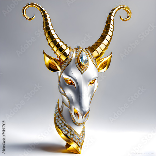 There is a silver goat demon head with a golden horn that is adorned with gold inlay diamonds and numerous sparkling jewels. This head is isolated on a white backdrop.