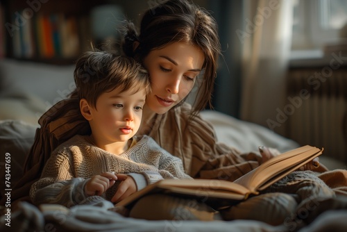 Mother Reads to Son, Creating Cozy Moments in Bedroom
