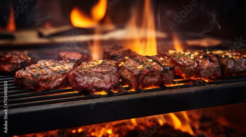 Sizzling beef steak pieces on flaming grill grate with smoke rising, creating a mouth-watering meal