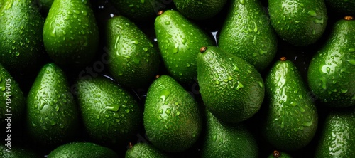 Harvest of green washed avocados close-up. Organic healthy food concept without GMO, banner