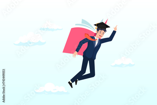 Success graduated student flying with book wings in the sky aim for bright future, education or academic on personal development, knowledge to empower career growth and improve business skill (Vector)