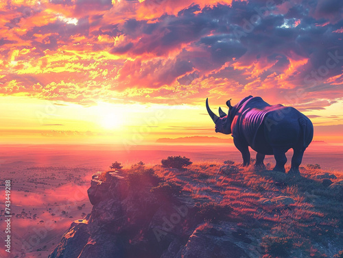 Archetypal heros journey depicted as a lone rhino facing the horizon during a vibrant sunset symbolizing courage photo