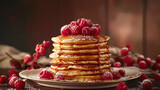  a stack of pancakes with raspberries on the plate,