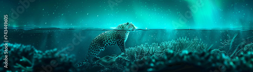 Minimalistic coral reef under the shimmering aurora a leopard silently prowls blending nature with serene beauty photo