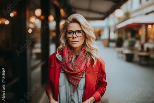 Portrait of a beautiful blonde woman in a red coat and glasses.