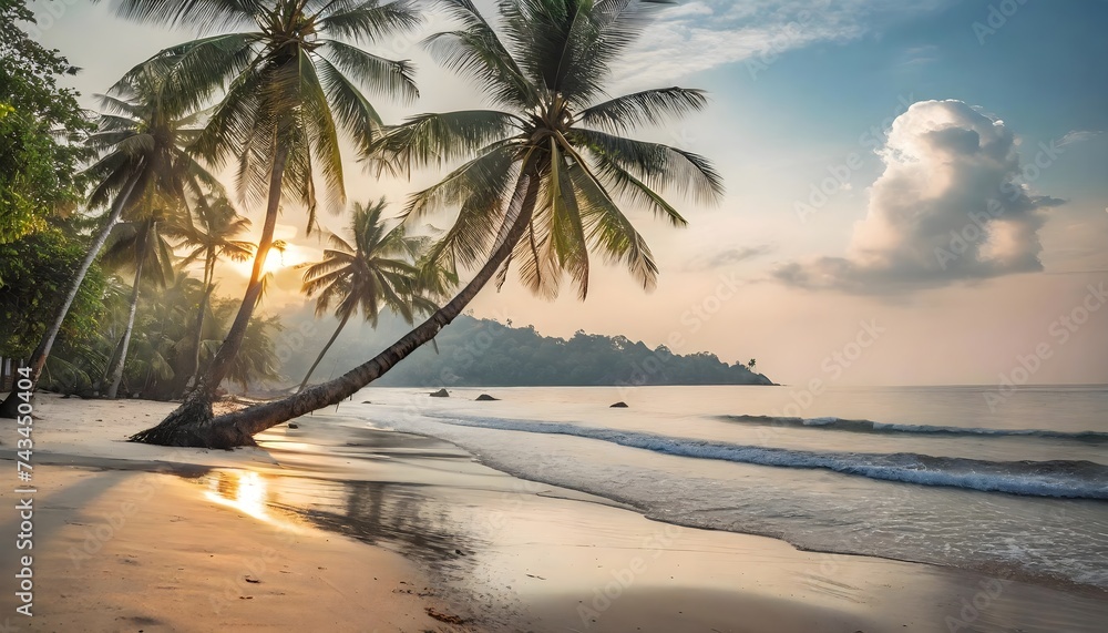 sunset over the beach, summer getaway tranquil beauty coastal bliss vacation vibes tropical beach scene with palm trees reaching for the sky, 