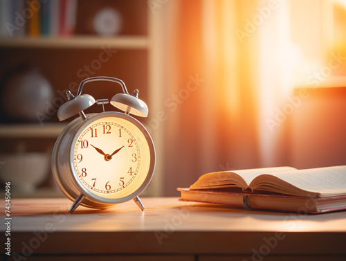 A classic alarm clock next to an open book on a desk, illuminated by the soft, warm light of the setting sun. 