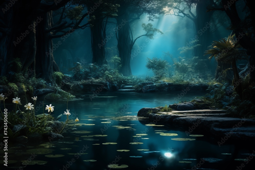Moonlit blue forest pond with trees, white flowers reflecting in water at night